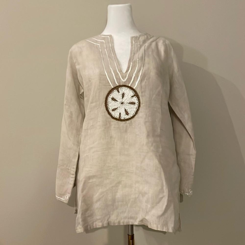 BARBARA GERWIT *CUSTOM* Linen Embroidered Sand Dollar Shirt Brown White Tan